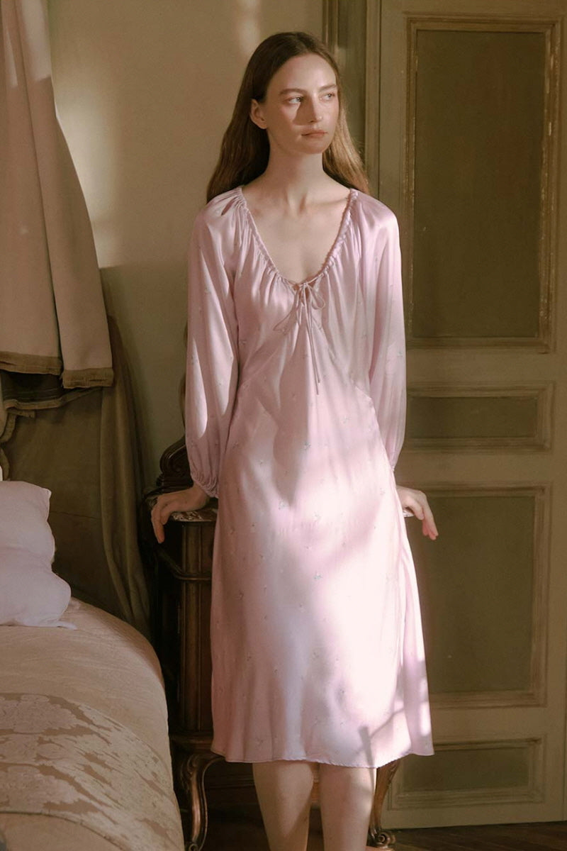 Ribbon-Tie Silk Puff Sleeve Sleep Dress