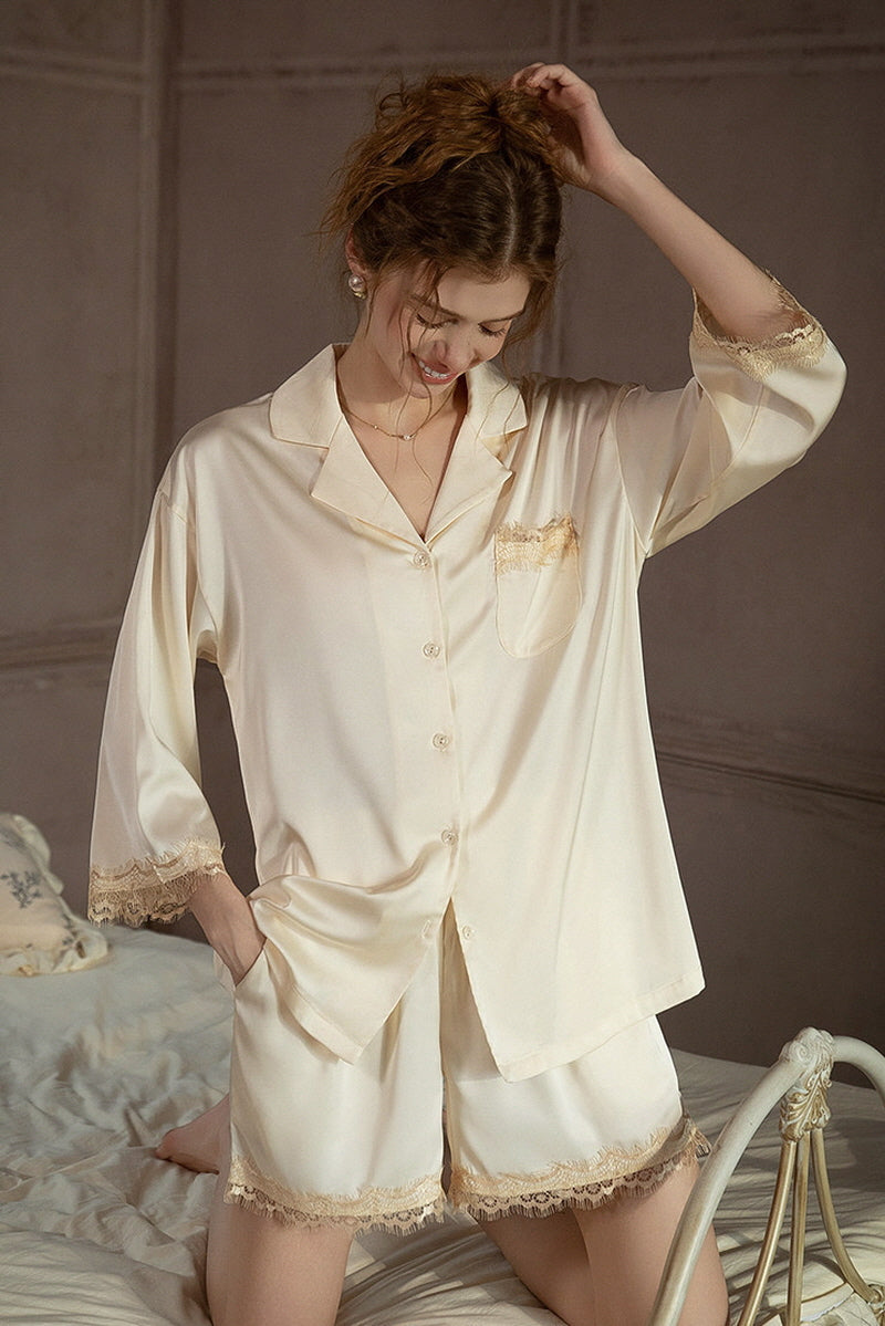 White Lace-Trimmed 3/4 Sleeve Silk Set
