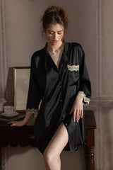Black Elegant Lace-Trimmed Silk Sleep Shirt