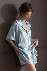 Blue Oversized Silk Button Down Lounge Pajama Set