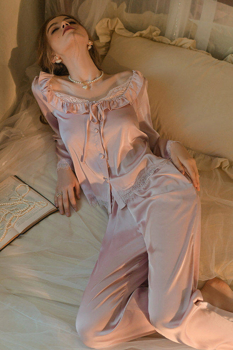 Soft Lace Ribbon Silk Pajama Set