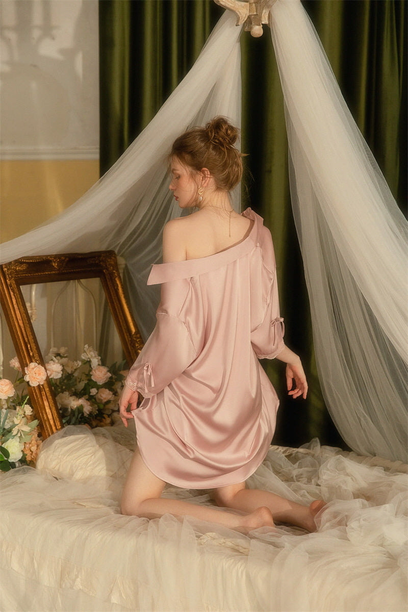 Pink Ribbon Cuff Silk Lace Sleep Shirt