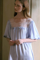 Blue Silk Puff Sleeve Lace Sleep Dress