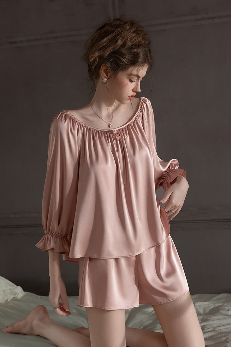 Pink Off Shoulder Satin Silk Pajama Shorts Set