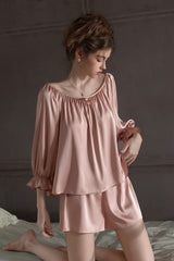 Pink Off Shoulder Satin Silk Pajama Shorts Set