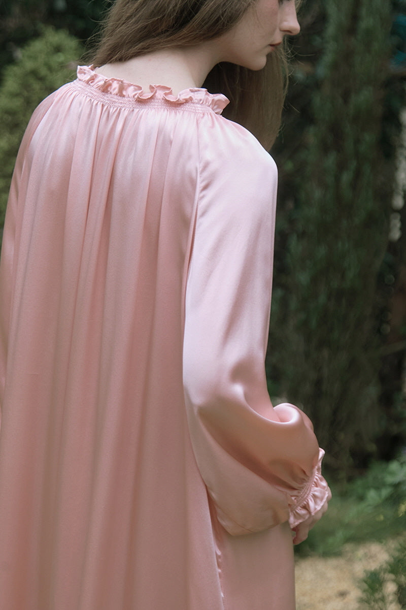 Pink Shirred Neck Silk Maxi Sleep Dress
