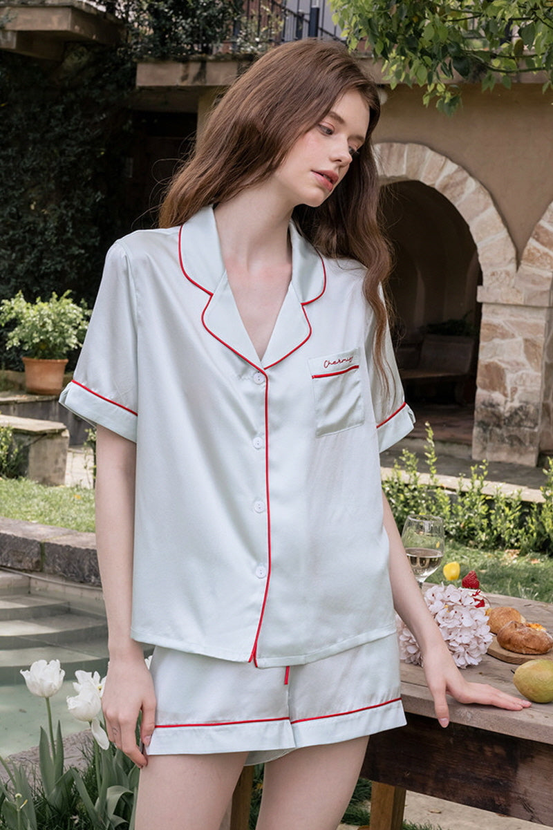 Blue Short Sleeve Scarlet Edge Silk Pajama Set
