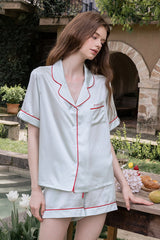 Blue Short Sleeve Scarlet Edge Silk Pajama Set