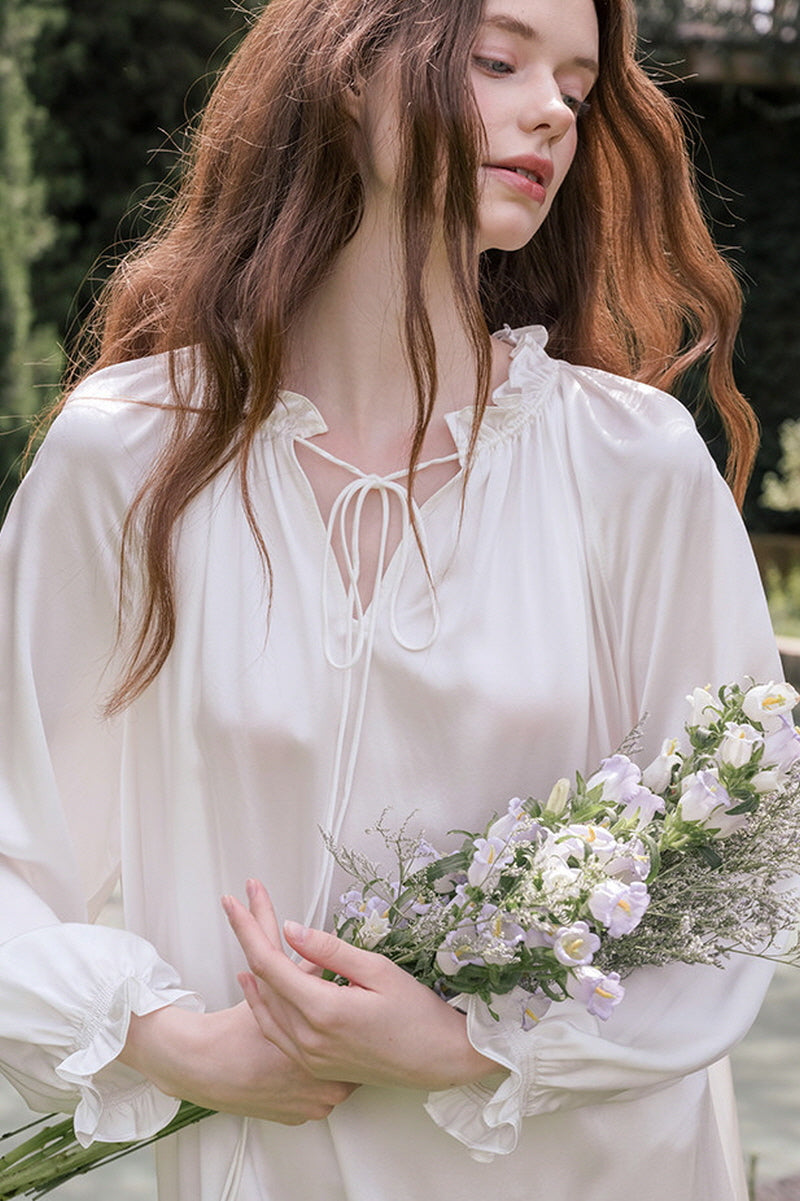 White Bohemian Smocked Silk Nightdress