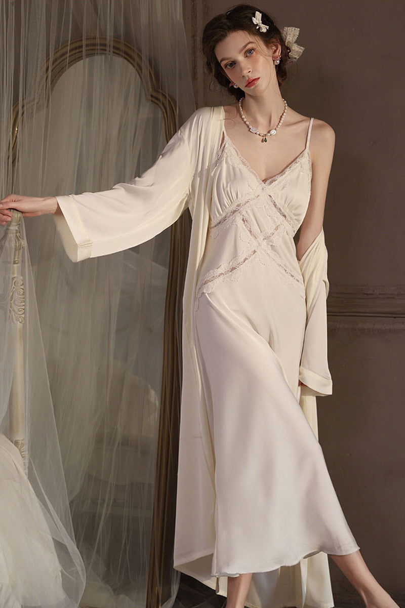 White Cross Lace Silk Slip & Robe Set
