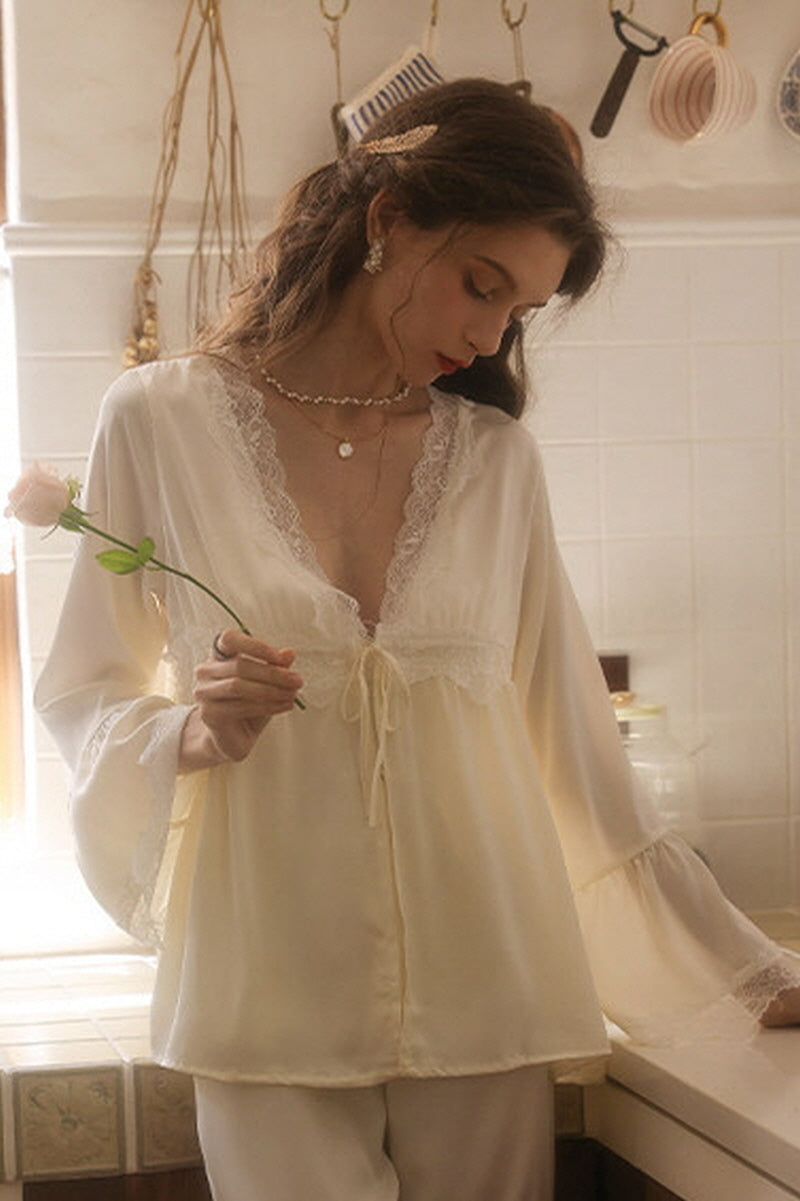 Ivory Lace Trim Deep V Silk Pajama Set