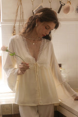 Ivory Lace Trim Deep V Silk Pajama Set