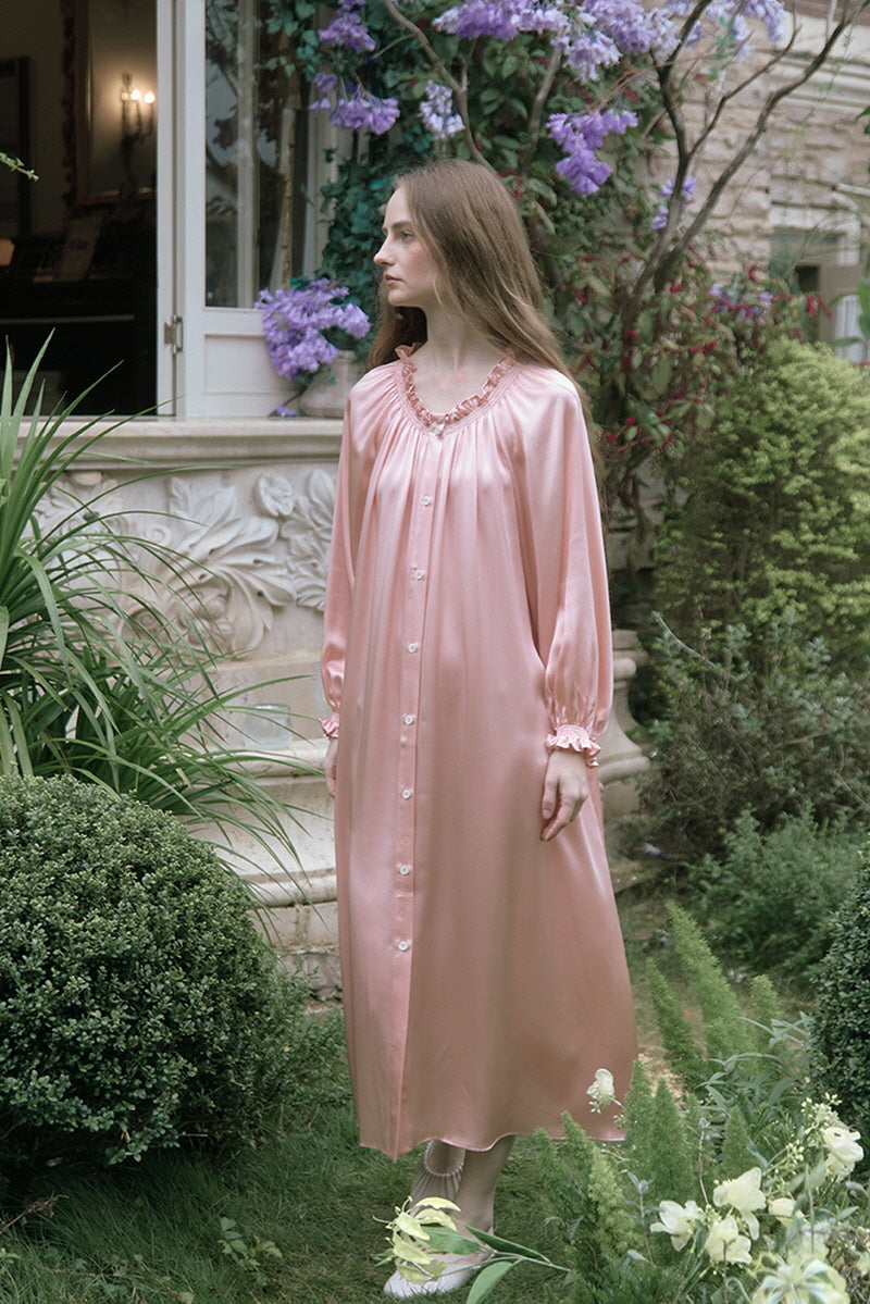 Pink Shirred Neck Silk Maxi Sleep Dress