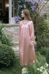 Pink Shirred Neck Silk Maxi Sleep Dress