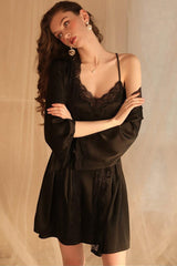 Black Midnight Cross Lace Silk Slip