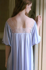 Blue Silk Puff Sleeve Lace Sleep Dress