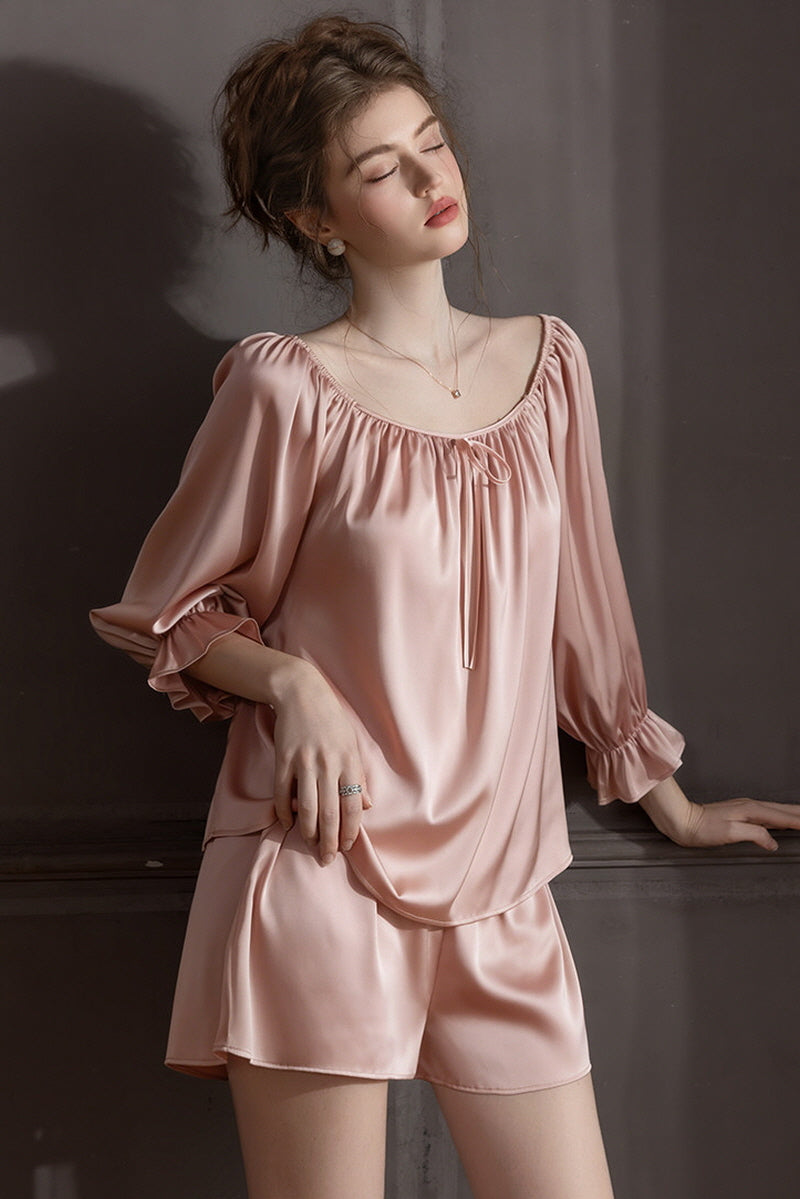 Pink Off Shoulder Satin Silk Pajama Shorts Set