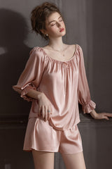 Pink Off Shoulder Satin Silk Pajama Shorts Set