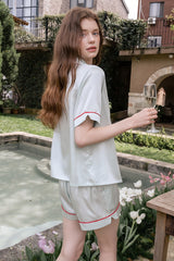 Blue Short Sleeve Scarlet Edge Silk Pajama Set