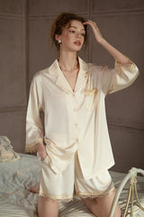 White Lace-Trimmed 3/4 Sleeve Silk Set