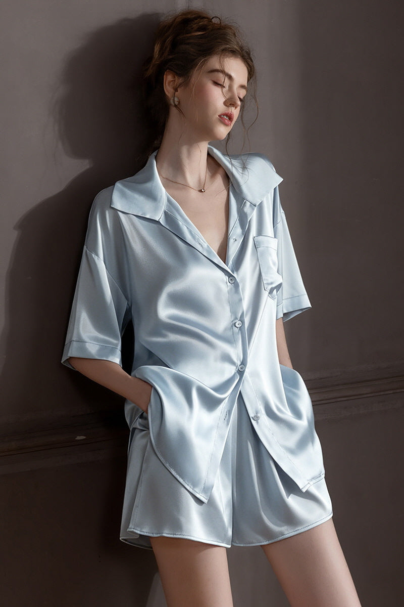 Blue Oversized Silk Button Down Lounge Pajama Set