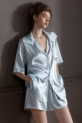 Blue Oversized Silk Button Down Lounge Pajama Set