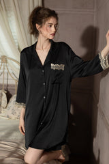 Black Elegant Lace-Trimmed Silk Sleep Shirt