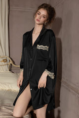 Black Elegant Lace-Trimmed Silk Sleep Shirt