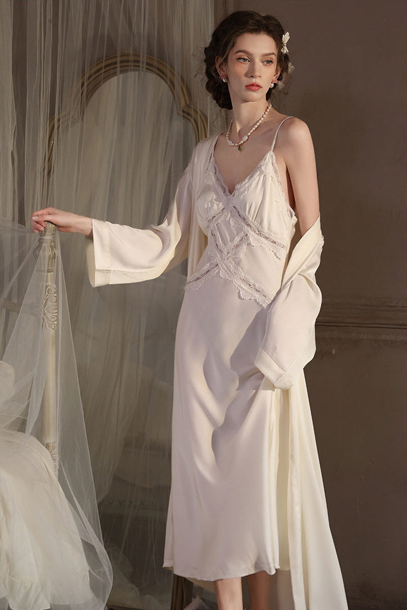 White Cross Lace Silk Slip & Robe Set
