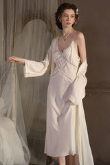 White Cross Lace Silk Slip & Robe Set