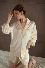 White Lace-Trimmed 3/4 Sleeve Silk Set