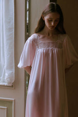 Pink Silk Puff Sleeve Lace Sleep Dress