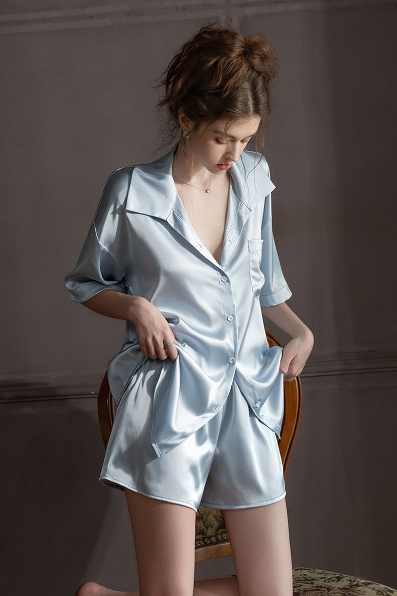Blue Oversized Silk Button Down Lounge Pajama Set
