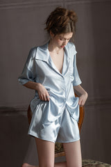 Blue Oversized Silk Button Down Lounge Pajama Set