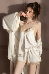 White Scalloped Lace Cami, Shorts & Robe 3-Piece Set