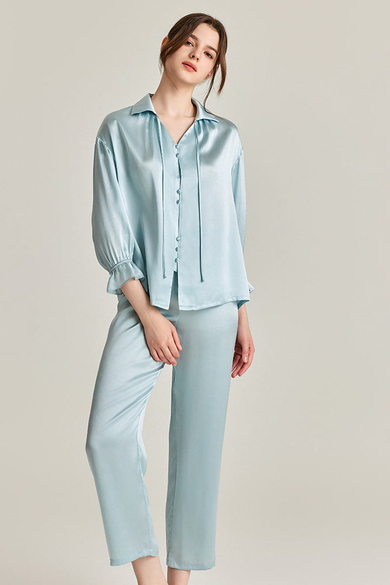 Tie-Neck Silk Pajama Set