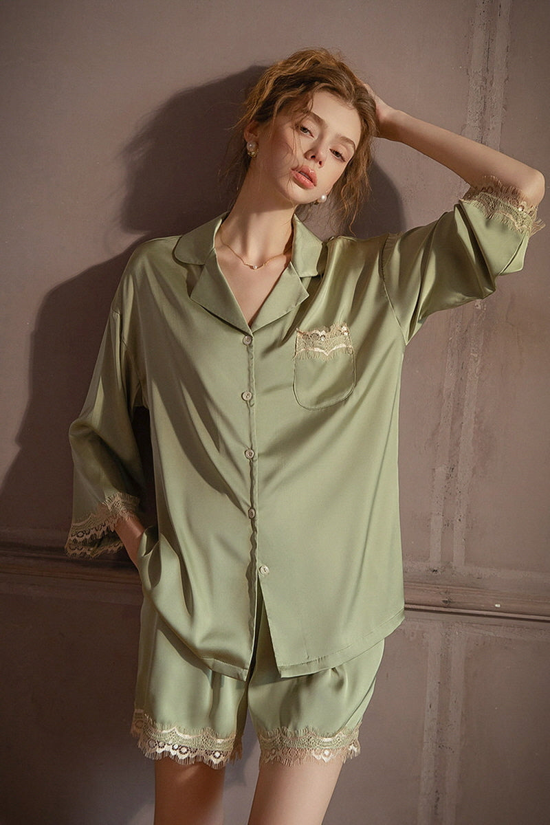 Green Lace-Trimmed 3/4 Sleeve Silk Set