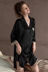 Black Elegant Lace-Trimmed Silk Sleep Shirt