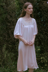 Pink Silk Puff Sleeve Lace Sleep Dress