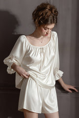 White Off Shoulder Satin Silk Pajama Shorts Set