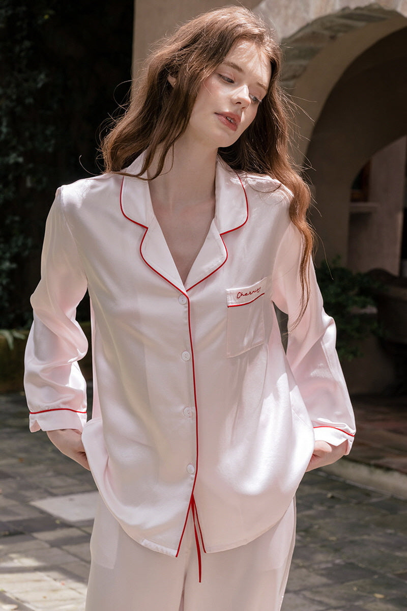 Pink Long Sleeve Scarlet Edge Silk Pajama Set