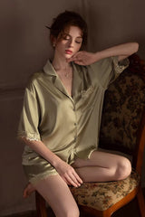 Olive Vintage Shell Lace Silk Set