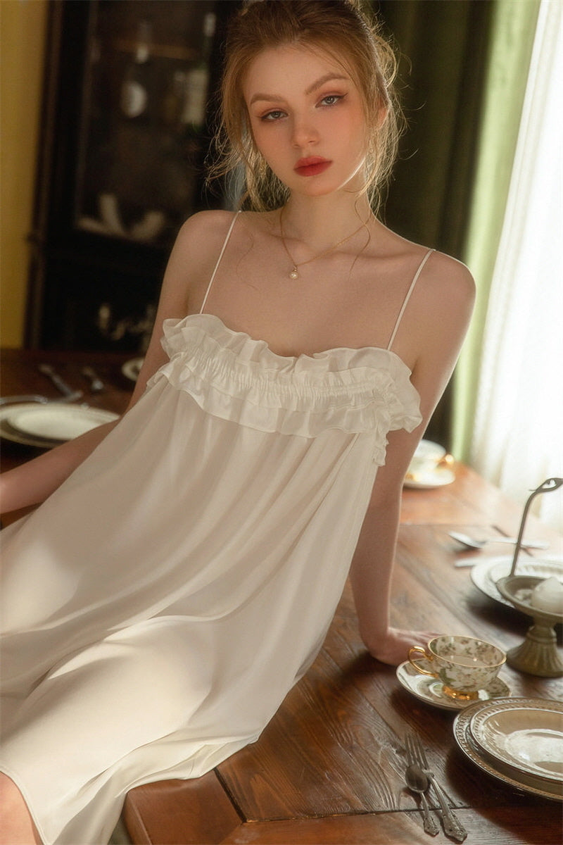 White Double Ruffle Silk Nightdress