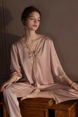 Pink V-Neck Enchanted Lace Silk Set