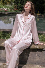 Pink Long Sleeve Scarlet Edge Silk Pajama Set