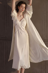 White Cross Lace Silk Slip & Robe Set
