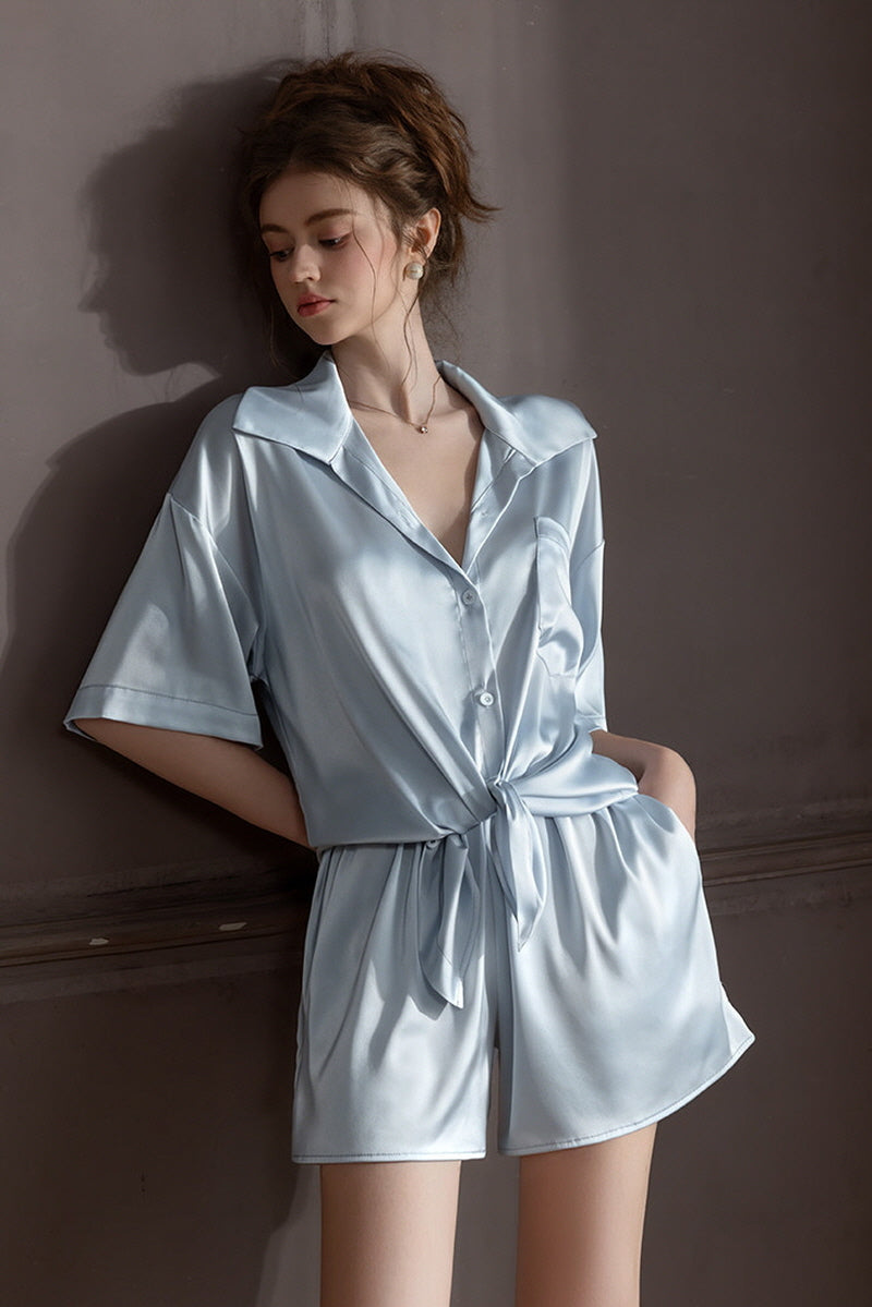 Blue Oversized Silk Button Down Lounge Pajama Set