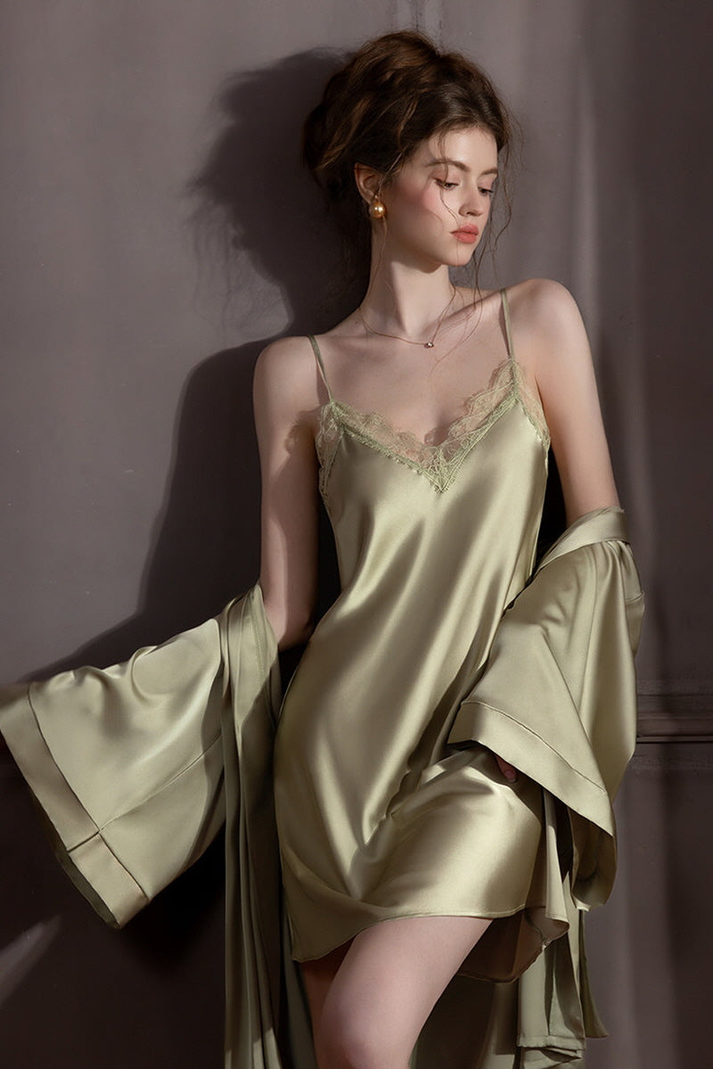 Olive Backless Silk Slip & Robe set