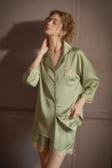 Green Lace-Trimmed 3/4 Sleeve Silk Set