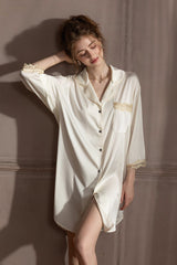 White Elegant Lace-Trimmed Silk Sleep Shirt